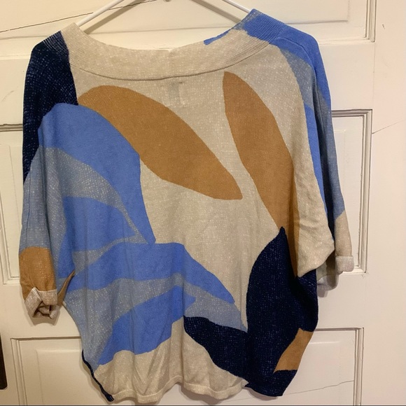 Nic+Zoe OCEAN ISLE Short Sleeve V Neck Loose Fitting Blue Geometric Knit SWEATER - Picture 12 of 16